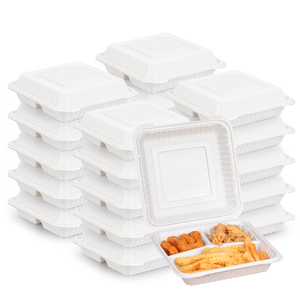 8x8" 3-Compartment Eco-Friendly Bio Clamshell To Go Box Disposable MFPP Plastic Takeout Food Mineral Filled PP Hinged Containers
