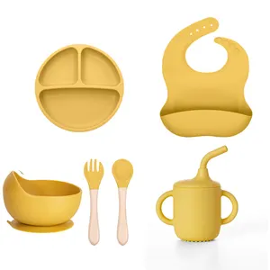 BPA Free Silicone Tollder Food Set Baby Plate Bowl Spoon Fork Bib Baby Cup With Straw Baby Silicone Feeding Set