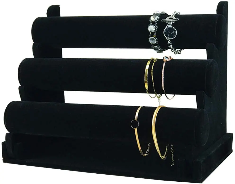 Vendita calda Amazon braccialetto nero collana braccialetto organizzatore gioielli espositore velluto 3 T Bar espositore braccialetto