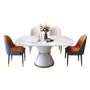 Meubles <span class=keywords><strong>de</strong></span> salle à manger <span class=keywords><strong>Table</strong></span> à manger rétractable ronde en pierre blanche Glam avec socle en métal et <span class=keywords><strong>rallonge</strong></span> <span class=keywords><strong>de</strong></span> feuille à rangement automatique - Product Image 6