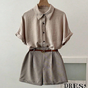 Ensemble deux pièces personnalisé en lin : chemise à manches courtes et <span class=keywords><strong>short</strong></span> <span class=keywords><strong>pied</strong></span>-<span class=keywords><strong>de</strong></span>-<span class=keywords><strong>poule</strong></span>, style rétro décontracté pour <span class=keywords><strong>femme</strong></span>, avec blouse et pantalon large, OEM - Product Image 3