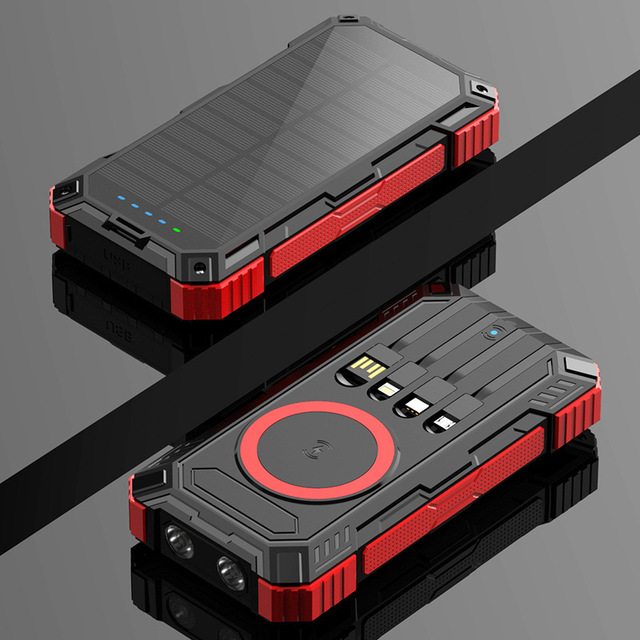 Camping Smart Phone Charger Solar Wireless Power Bank 30000mah With Led Display Built in Cable