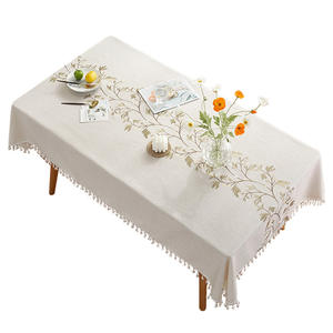 Nappe rectangulaire brodée style nordique en polyester avec pompons, motif plantes et fleurs, pour décoration de table basse - Product Image 1