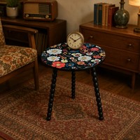 Table basse ronde à motif mandala, pieds en bois massif torsadés en spirale, table d'appoint portable détachable, table d'appoint pour salon