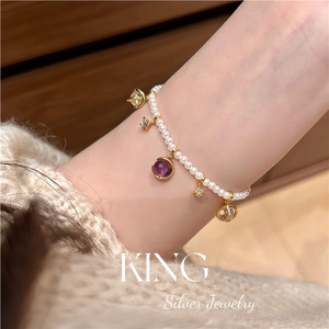 Ensemble collier et bracelet en argent S925 plaqué or avec perle et améthyste, charme étoile, bijoux pour femmes à porter tous les jours - Product Image 3