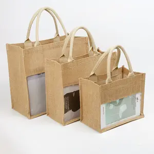Custom Logo Women's Linen Handbag Reusable Travel Handle Gift Shopping Product Tote Jute Bag With Window