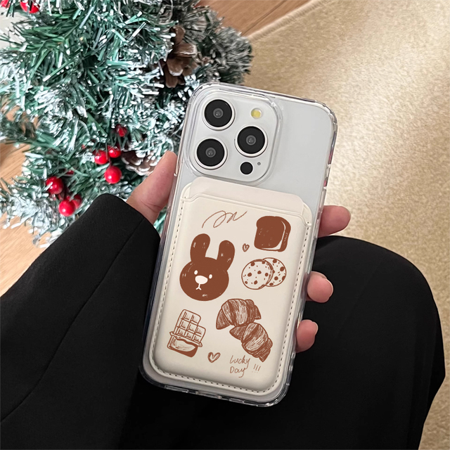 Healing-themed Hand-drawn Rabbit Magnet Card Holder; Milky White, Versatile Leather Card case That Is Resistant to Drops.