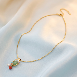 Collana Minimalista in Acciaio Inossidabile con Ciondolo a Fragola Dipinta in Agata, Catena Ovale Intrecciata, Tema Giardino Botanico Incantato, Madre e Figlio - Product Image 5