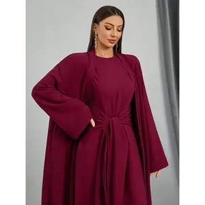 Abaya Kaftan Holgada para Mujer, Larga, Transpirable, Tejida, de Color Sólido, Modesta, con Cuello Redondo, Elegante, Informal, para Uso Diario - Product Image 4