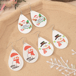Boucles d'oreilles pendantes en bois de Noël, forme goutte d'eau, Père Noël et bonhomme de neige de dessin animé, ensemble de bijoux cadeau pour femme - Product Image 3