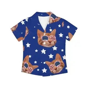 Amerikaanse Vlag Zonnebril Kat Kids Hawaiiaanse Shirts Kleding Fabrikant Groothandel Korte Mouw Knoop-Up Shirts Voor Jongens Meisjes