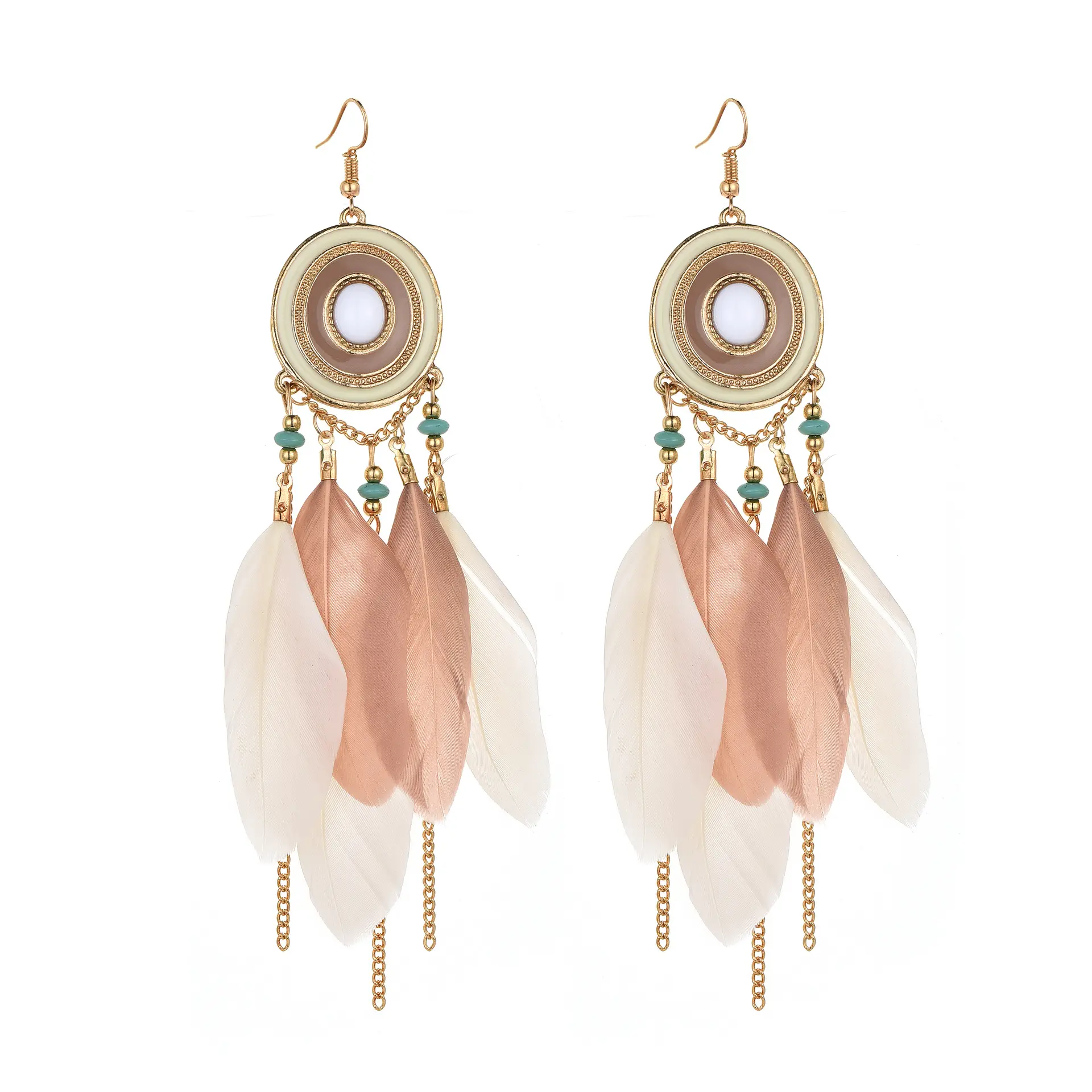 Summer Hot Sell Seaside Holiday Earrings Beach Nationality Women Tassel Colorful Dripping Oil Long Pink Feather Earrings