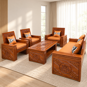 Ensemble de canapés sectionnels traditionnels en bois massif sculpté avec coussins rembourrés pour salon, meubles durables - Product Image 1