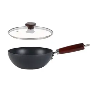 20cm Small Wooden Handle Wok Honeycomb Flat Bottomed Stir Fry Pot Refined Iron Wok Pan Non-Stick With Lid