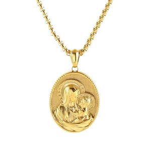 Collar con Colgante de la Virgen María en Acero Inoxidable Chapado en Oro de 18K, Ovalado, con Relieve de Madre e Hijo, Joyería Religiosa, Venta al Por Mayor - Product Image 1