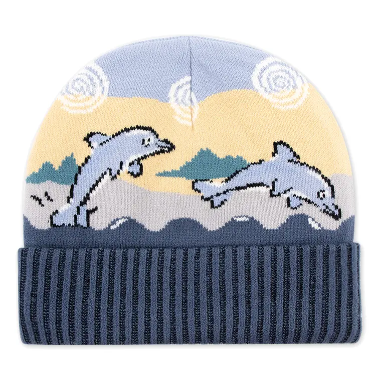 Jacquard Logo Warm Cute Knitted Cap Fleece Lined Boy Ribbed Cuff Knit Beanie Acrylic Hats For Kids Winter