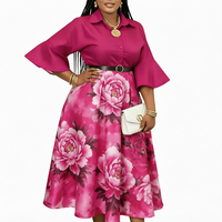 Robe longue décontractée grande taille pour femme, imprimé floral dégradé, col, manches évasées, taille haute, ceinture ample, pour le printemps et la mode