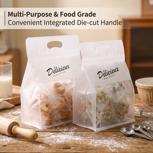 Bolsa de papel blanca con asa troquelada y diseño de copo de nieve, embalaje crujiente para panadería, aperitivos, dulces, turrón, galletas, con cierre autoadhesivo - Product Image 1