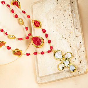 Collar Doble de Piedras Preciosas con Cuentas de Coral Rojo Natural Vintage y Perla Chapada en Oro para Mujer, Joyería para Fiesta de Bodas - Product Image 6