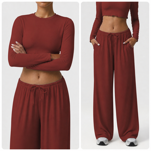 Ensemble assorti femme tendance 2026 : haut court uni à manches longues et pantalon ample à cordon de serrage - Product Image 6