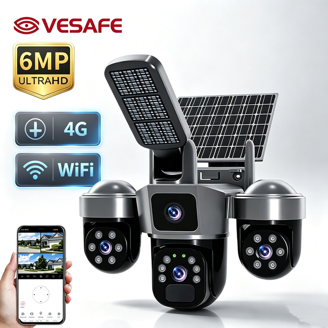 VESAFE 3-lens 6MP V380 Outdoor CCTV Camera Night Vision 4G Solar Powered Wifi Security Camera PTZ Camera