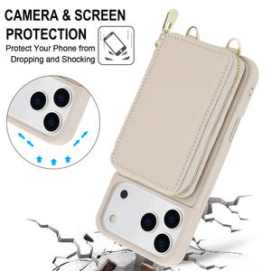 Étui de téléphone en cuir à bandoulière pour iPhone 16 E 14 Plus, pochette portefeuille à fermeture éclair, sangle détachable, housse multifonction 17 Air 13 pro max - Product Image 2