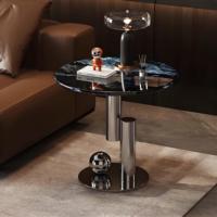 Table d'appoint de luxe italienne légère, table basse en marbre naturel simple en acier inoxydable, petite table basse ronde design