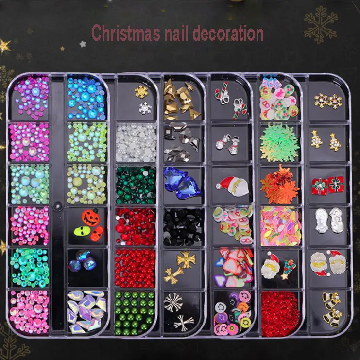 Nuevo OEM 12 rejillas Navidad decoración de uñas copo de nieve perla diamantes de imitación cristal lentejuelas brillo Navidad diseños DIY Nail Art proveedor