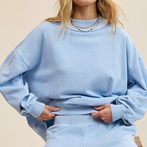 <span class=keywords><strong>Sweat</strong></span>-shirt pull-over ample à col montant en molleton côtelé délavé uni pour <span class=keywords><strong>femme</strong></span>, avec épaules tombantes et manches longues, fabrication sur mesure - Product Image 2