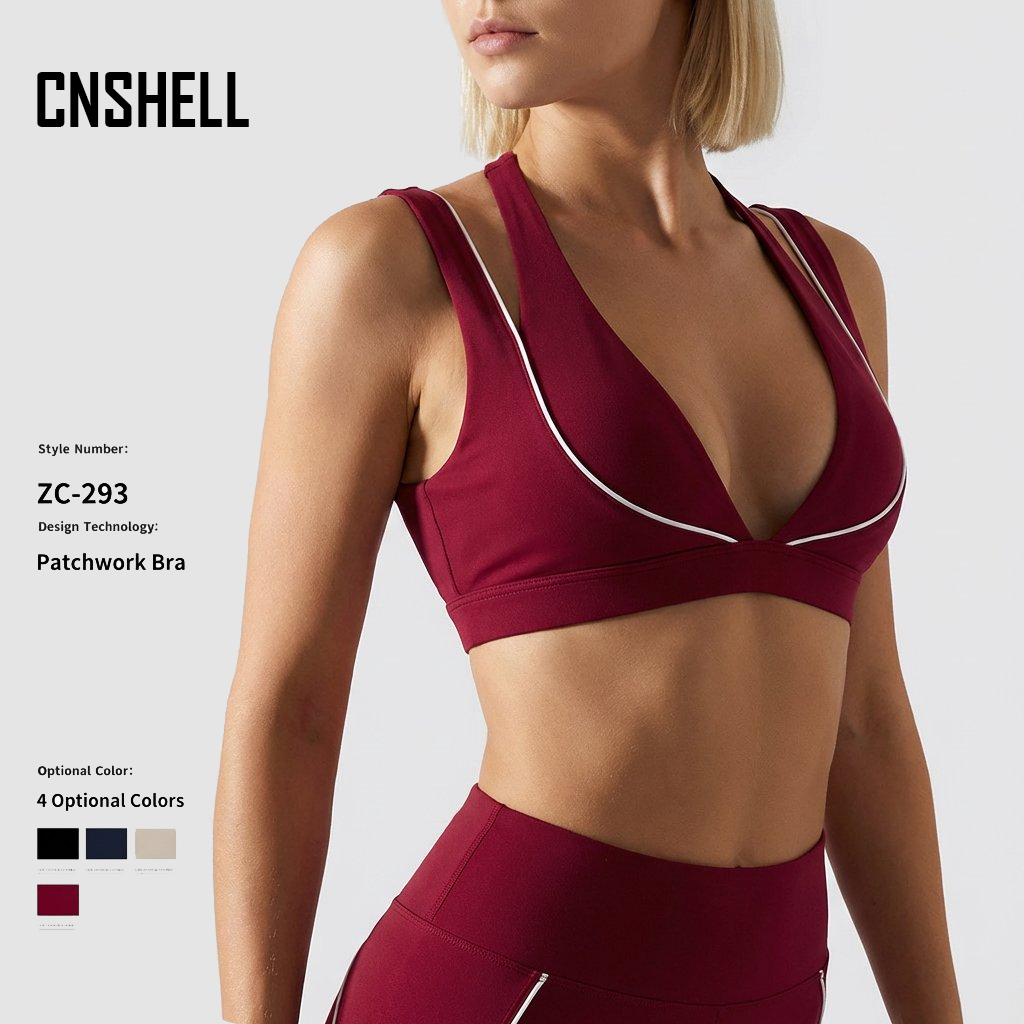 SHELL Sexy Deep V Neck Yoga Bra Contrast Piping Patchwork Women Sports Bra High Impact Fitness Gym Workout Crop Top
