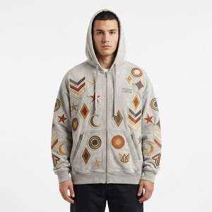 Custom Vintage <b>Grey</b> Zip Hoodie <b>Men</b> Star Moon Chevron Patch Embroidery Hooded <b>Sweatshirt</b> Custom Logo Street Apparel - Product Image 1