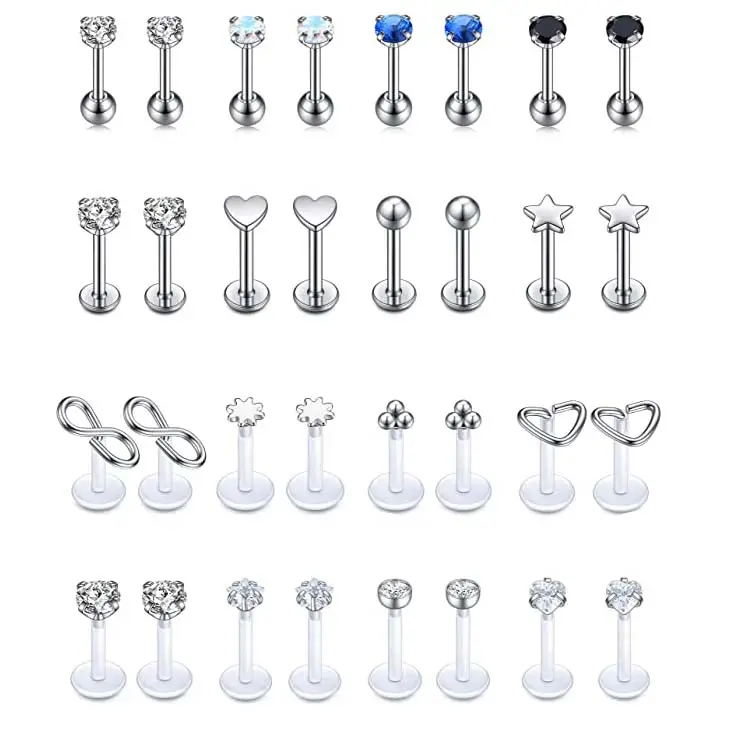 16G Stainless Steel Clear CZ Labret Monroe Lip Ring Stud Ring Tragus Helix Cartilage Barbell Piercings Earring Stud Jewelry