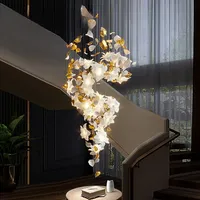Lustre européen de luxe en cuivre et cristal avec un design de fleurs flottantes pour escalier, loft, plafond, ampoules LED