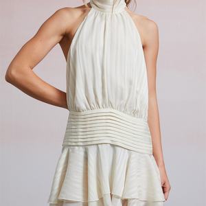 Vestido Mini de Verano 2025 a la Moda para Vacaciones, Ajustado, Plisado, Corto, Sexy, con Espalda Descubierta, Cuello Redondo y Cordones, Estilo Halter - Product Image 1