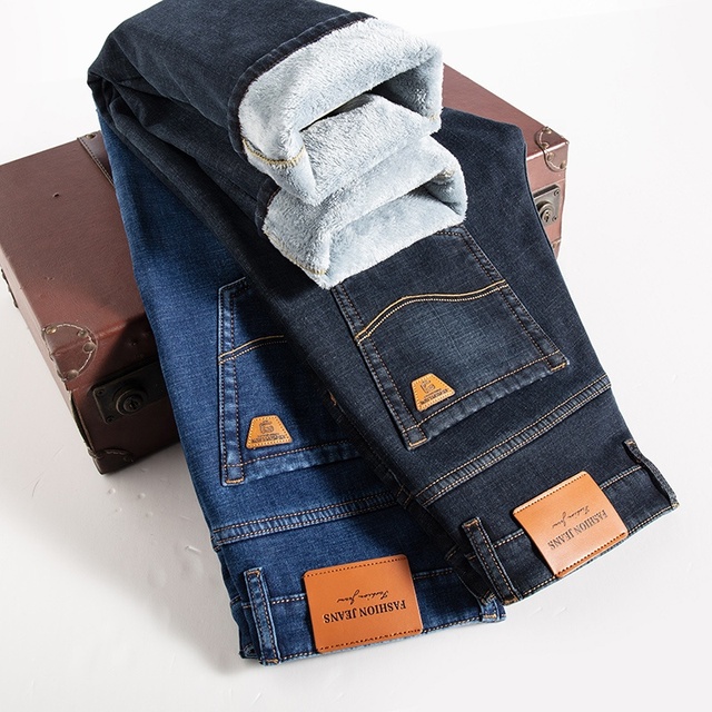 Classic Style Winter Men's Fleece Warm Straight Jeans Business Fashion Cotton Denim Stretch Pants Thick Trousers Male Black Blue