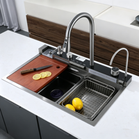 Ensemble de robinetterie de cuisine 30 pouces gris anthracite moderne carré avec pulvérisateur extractible Nano, cascade, affichage LED, rince-verre, monotrou à montage supérieur