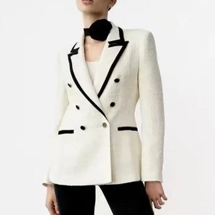 European and American autumn and winter new retro style lapel long-sleeved contrast color edge white suit jacket women