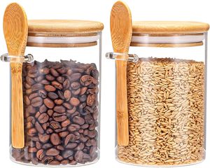 Multifunctional Modern Clear Transparent Glass Food <b>Container</b> <b>Bamboo</b> Lid Spoon for Freshness Preservation Kitchen Storage Spices - Product Image 1