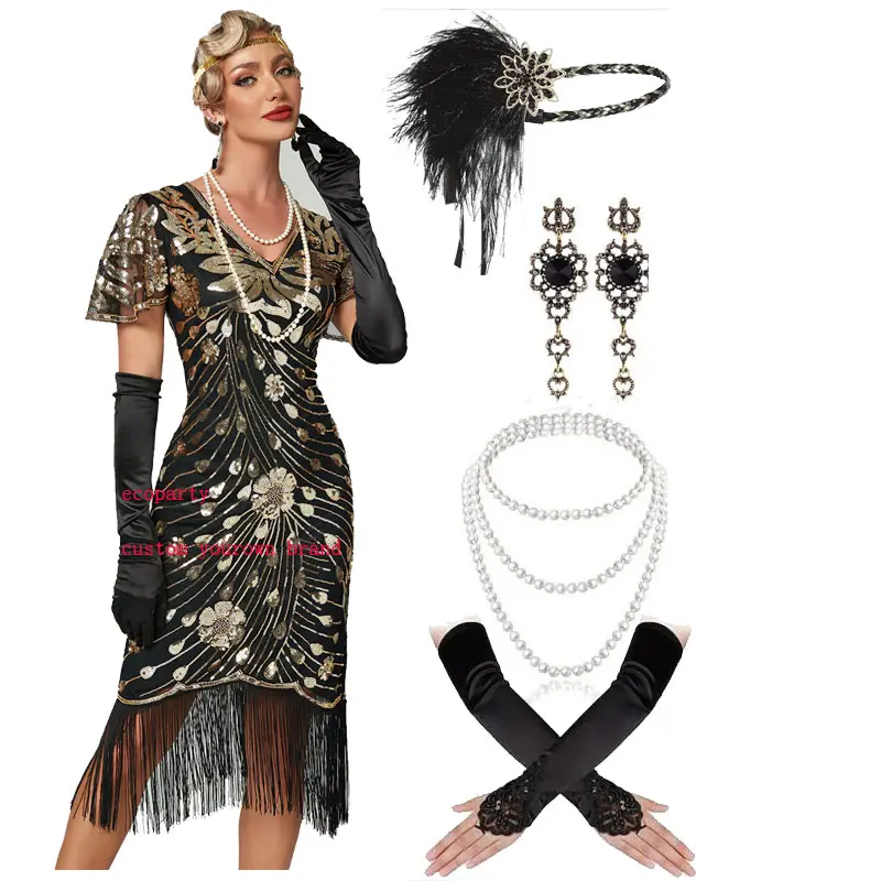 eco-party retro 20er jahre 1920er klappenkleid outfits klappenkopfband schals der große gatsby damen pailletten zapfenfranse