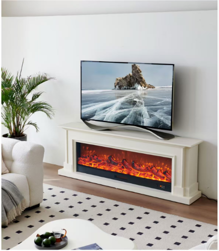 Modern Solid Wood Fireplace TV Cabinet Simulated Flame Heat Freestanding Adjustable for 65-Inch+ TVs Living Room Home Furniture