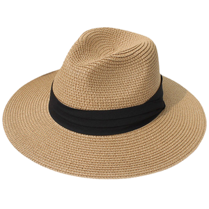 Chapeau de soleil Panama Fedora à large bord en herbe naturelle brodé à la main, style bohème rayé pour femmes, idéal pour le ski et les sports - Product Image 1