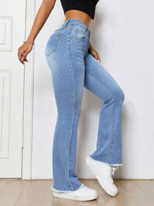 Pantalon <span class=keywords><strong>Jean</strong></span> Flare <span class=keywords><strong>Femme</strong></span> Taille Haute Bleu Clair Délavé Jambes Larges Longueur Cheville Chine Vente en Gros - Product Image 5