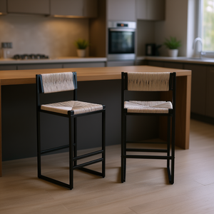 Taburetes de Bar Modernos de Cuerda de Papel con Respaldo Cómodo, Estructura Metálica, Altura de Barra, para Hogar, Bar, Cocina u Oficina - Product Image 2
