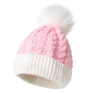 Weihnachten kaltes Wetter Geschenke Kinder zweifarbige Kinder Jungen Mädchen Rot Schwarz Grau Rosa Weiß Twisted Cable Knit Pom Pom Beanie Hüte