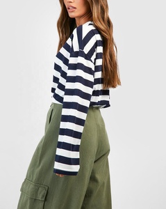 Mujer moda Otoño primavera blanco azul marino rayas ancho manga larga algodón suave transpirable Material alta calidad camiseta - Product Image 2