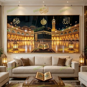 Decoración Moderna para el Hogar, Arte de Pared LED Islámico con Marco Dorado, Decoración Religiosa para el Hogar, Pintura de Porcelana de Cristal con Diseño de Mezquita - Product Image 3