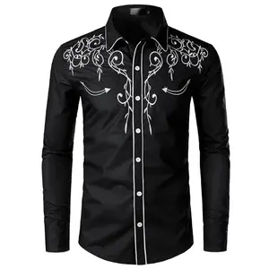 Nieuwe Mens Western Cowboy Shirt Stijlvolle Geborduurde Slim Fit Lange Mouwen Party Shirts Mannen Brand Design Banket Button Down Shirt