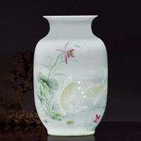 Vase en porcelaine translucide de Jingdezhen, corps fin, peint à la main, motif lotus et carpe, vase floral en céramique pour la maison, cadeau
