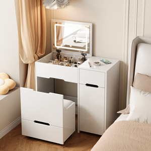 Coiffeuse minimaliste moderne avec miroir relevable éclairé et armoire de rangement pour chambre à coucher - Product Image 4