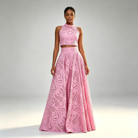 Ensemble deux pièces brodé ajouré pour femme, haut court sans manches et jupe longue doublée avec poches, tenue africaine, vente en gros usine